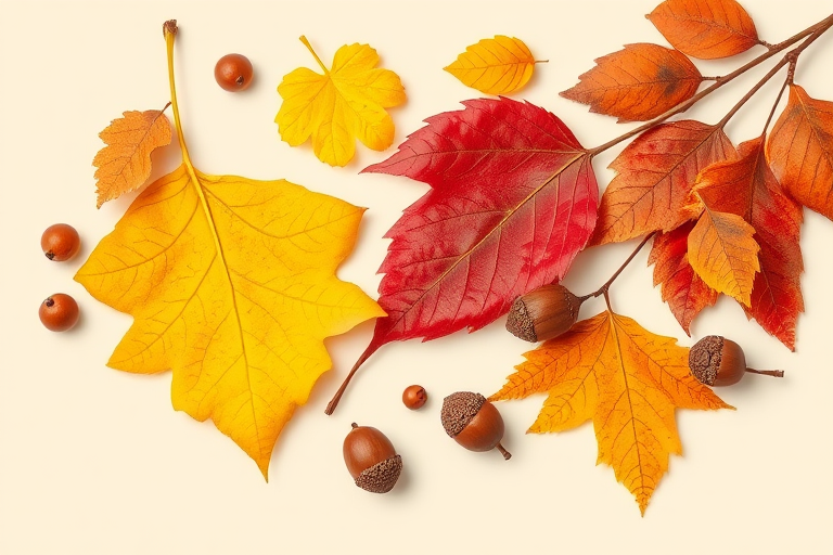 Create a high-resolution illustration of various autumn leaves including a yellow leaf, red leaf, brown leaf, acorns, and berries on a soft beige background, captured in a flat lay style using a DSLR camera at f/2.8 aperture, 50mm lens, ISO 100, and natural lighting for enhanced details and vibrant colors.