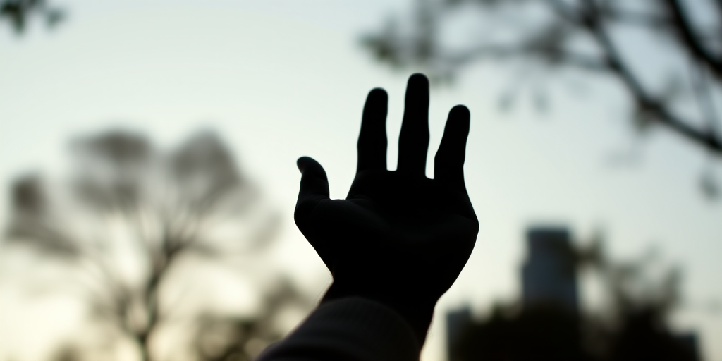 Create a high-resolution image of a silhouetted hand reaching upwards, using a DSLR camera with a 50mm lens, aperture set to f/2.8, ISO 100, 1/200 sec shutter speed, shot from a slightly angled top-down view in soft natural lighting.