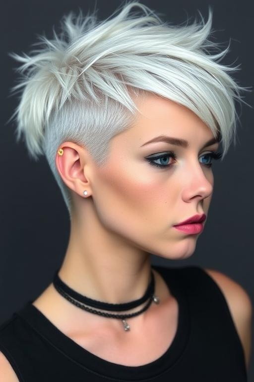 Striking platinum blonde pixie cut with edgy, asymmetrical layers and a buzzed undercut, accented by electric blue streaks for a bold and futuristic "Cyber Frost" appearance