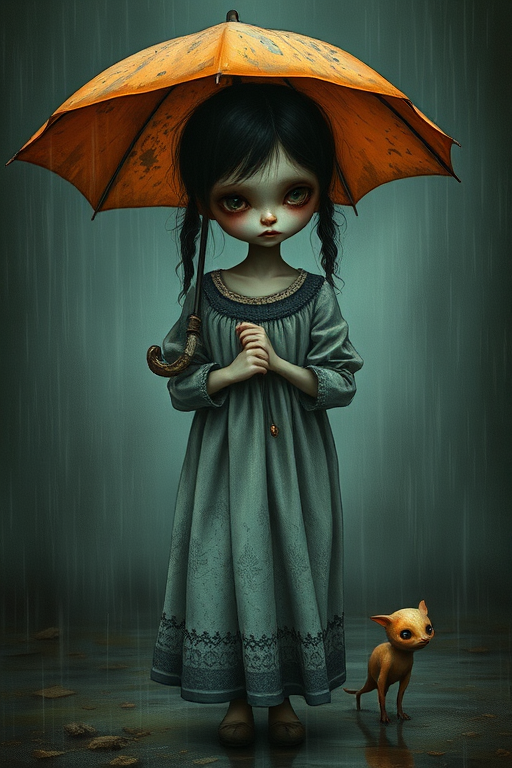 An eerie, weird little girl with dark hair in thin pigtails, wearing a smock dress, standing in the rain, holding a dirty orange umbrella, a small, odd creature beside her. In a surreal style inspired by Nicoletta Ceccoli and Brian Froud. Dark fantasy themes