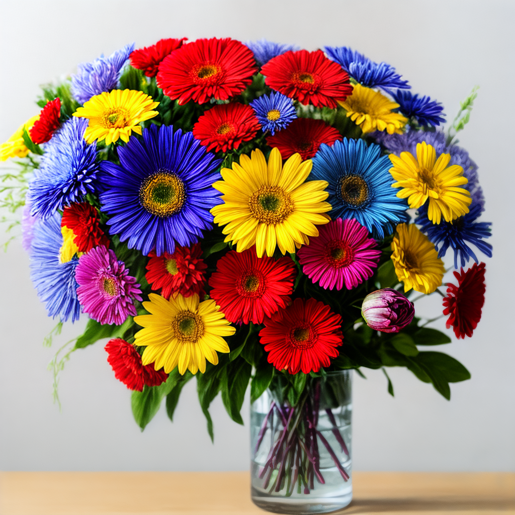 Spring flowers red and yellow and blue in a single vase