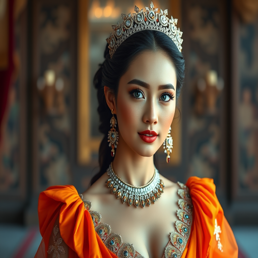 A gorgeous Bhutanese woman in a luxurious orange gown, accessorized with a dazzling tiara and statement earrings, her deep blue eyes highlighted by impeccable makeup, poised in a royal setting, photorealistic, 8K quality