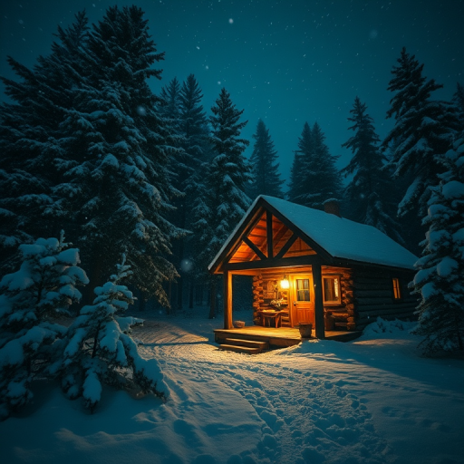 create a captivating night scene of a rustic cabin in a snowy forest, with falling snowflakes and a warm light glowing from a lantern outside, shot with a DSLR camera at f/2.8, ISO 800, shutter speed 1/30s, wide-angle view, soft focus editing, high dynamic range settings for enhanced contrast and detail