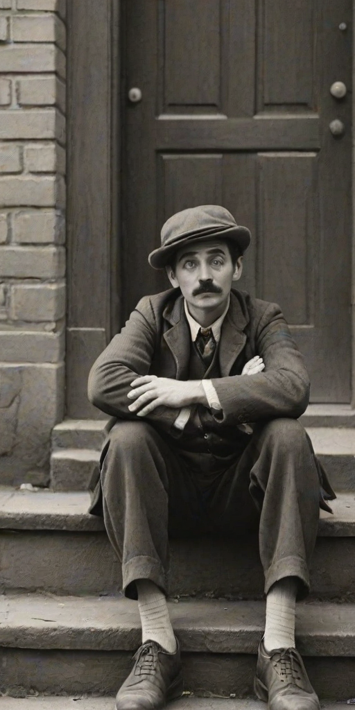 A black-and-white photograph of a man and a child sitting on steps in front of a doorway. The man is dressed as a tramp with a bowler hat, mustache, and ragged clothes, reminiscent of Charlie Chaplin's iconic look. He is sitting with his arms crossed and an expression of slight sadness or frustration. Next to him is a young boy, also in worn clothes and a cap, sitting with his hands clasped, looking thoughtful. The background is an old, textured wall and a partially open door, creating a vintage, early 20th-century atmosphere.