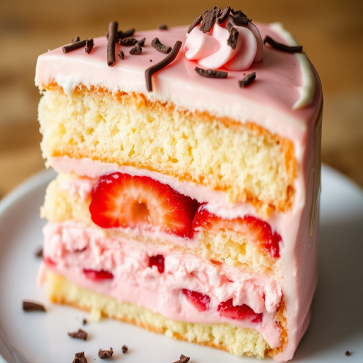 A close-up slice of a layered cake showcasing soft sponge layers filled with strawberries and pink frosting, topped with a light glaze and chocolate shavings, with a focus on its moist texture and vibrant colors.