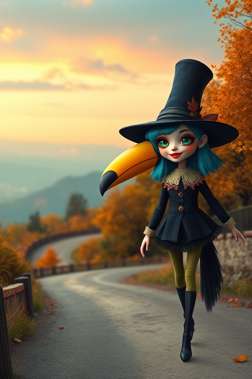digital art fantasy depicting a strange girl with cyan hair, long eyelashes, orange lipstick and a tall hat walking along a winding road on an autumn afternoon, an Toucan smiles as she passes