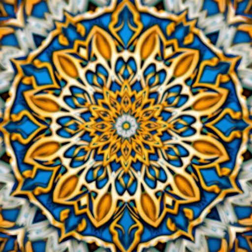 Create an intricate geometric pattern inspired by traditional Islamic art, featuring a harmonious blend of blue, gold, and white hues, in a symmetrical mandala design, shot with a Canon EOS R5 at f/8, ISO 100, 1/125s, using a macro lens for fine detail and a soft-focus background effect.