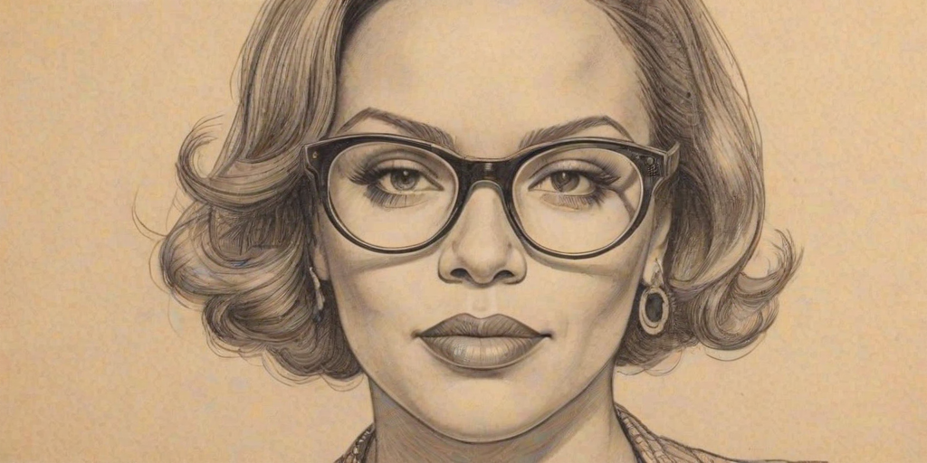 Radiant Faith Evans, pencil sketch, portrait of Graceful woman 1932s in glasses, hair style beatnik, outline, clear lines, fine lines, 8k