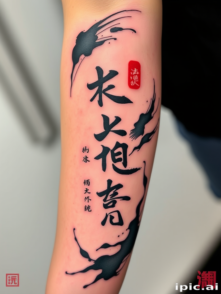Brush stroke tattoo called "Zen Calligraphy" featuring bold expressive ink-like strokes forming abstract representations of nature and Japanese characters with a dynamic sense of movement