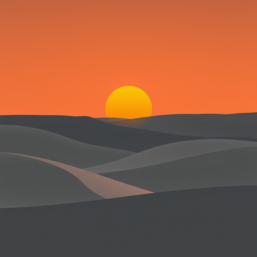 Create a minimalist landscape with a stylized sun rising over abstract layered hills in shades of gray and orange, shot with a DSLR camera at f/8 aperture, 50mm lens, in natural light for enhanced color contrast and sharpness.