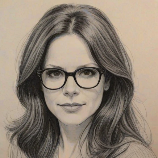 Lovely Mary Louise Parker, pencil sketch, portrait of Magnificent woman 1964s in glasses, hair style beatnik, outline, clear lines, fine lines, 8k