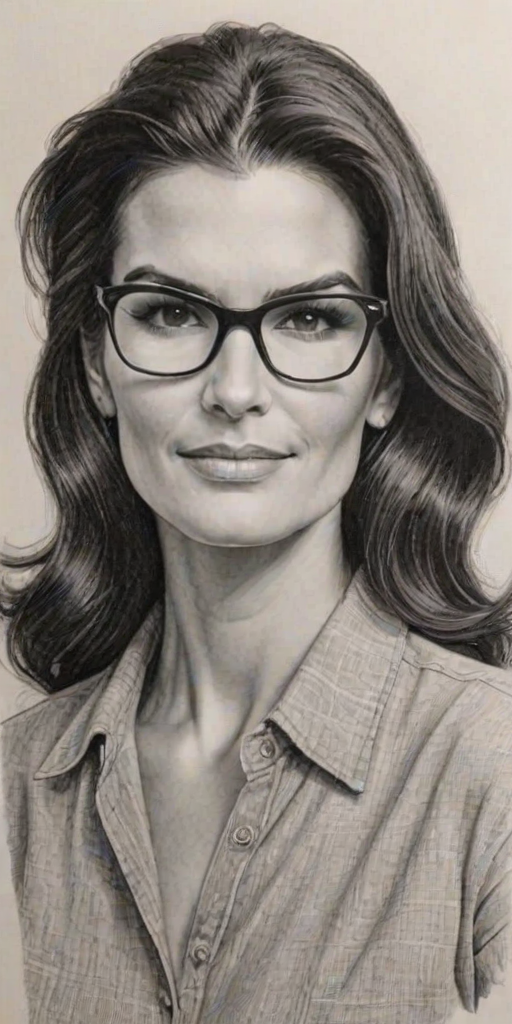 Dazzling Angie Harmon, pencil sketch, portrait of Pleasing woman 1943s in glasses, hair style beatnik, outline, clear lines, fine lines, 8k
