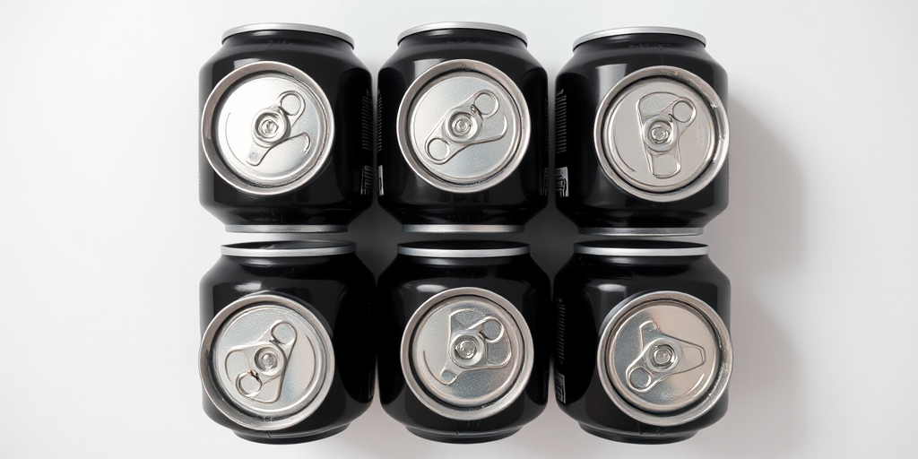 six black soda cans arranged in a 2x3 grid, high-resolution, ISO 100, f/2.8, 50mm lens, soft natural lighting, top-down view, digital camera