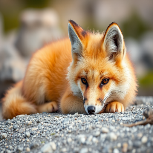 Arctic fox resting on a rocky surface, close-up, natural lighting, shallow depth of field, DSLR camera, 50mm lens, f/1.8 aperture, ISO 200, 1/400s shutter speed, vibrant colors and soft focus background.