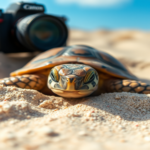 Capture a detailed shot of a turtle nesting in sand, using a DSLR camera with a 50mm lens, aperture set to f/2.8 for shallow depth of field, ISO 200 for clarity, shooting from a low angle to highlight the texture of the sand and the turtle's shell while maintaining a soft background blur.
