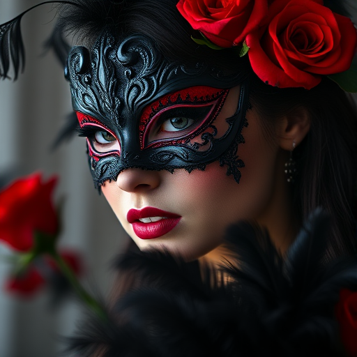 portrait of a woman wearing an ornate black and red masquerade mask with intricate details, surrounded by vivid red roses and dark feathers, soft focused background, taken with a Canon EOS R5, 85mm f/1.2 lens, aperture f/1.2, ISO 100, natural light with gentle highlights to enhance depth and texture