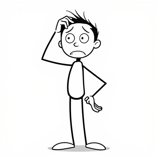 Create a detailed vector illustration of a confused stick figure, with a hand on its head, standing straight with a surprised expression, use a high-resolution setting of 300 DPI, a wide-angle lens view of 24mm, a flat lighting style for even illumination, and render with a professional digital camera type featuring an APS-C sensor.