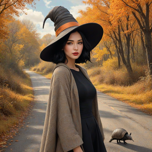 digital art fantasy depicting a strange girl with black hair, long eyelashes, orange lipstick and a tall hat walking along a winding road on an autumn afternoon, an armadillo smiles as he passes