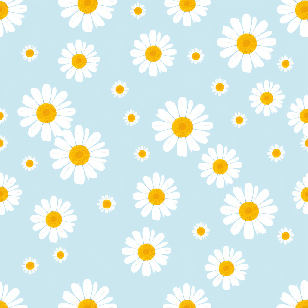 Create a seamless pattern featuring a light blue background filled with white daisies. Each daisy should have a bright yellow center and a simple, clean design. The flowers should be evenly spaced, creating a harmonious and cheerful floral pattern.