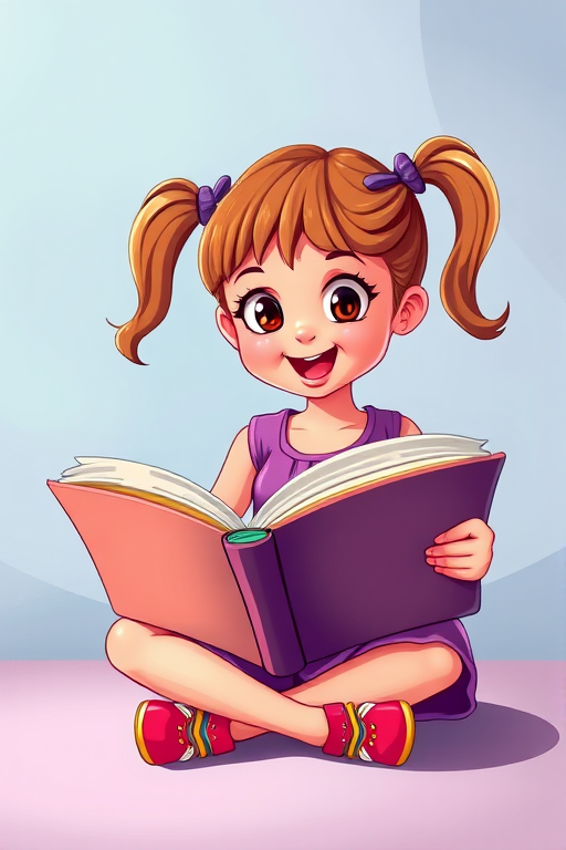 Create a vibrant cartoon illustration of a young girl with pigtails sitting cross-legged while reading a large book, wearing a purple dress and colorful shoes, with a focus on her excited expression and the book's colorful pages, use a soft focus lens, f-stop 4.0, ISO 100, 50mm lens, and bright studio lighting to enhance colors and details.