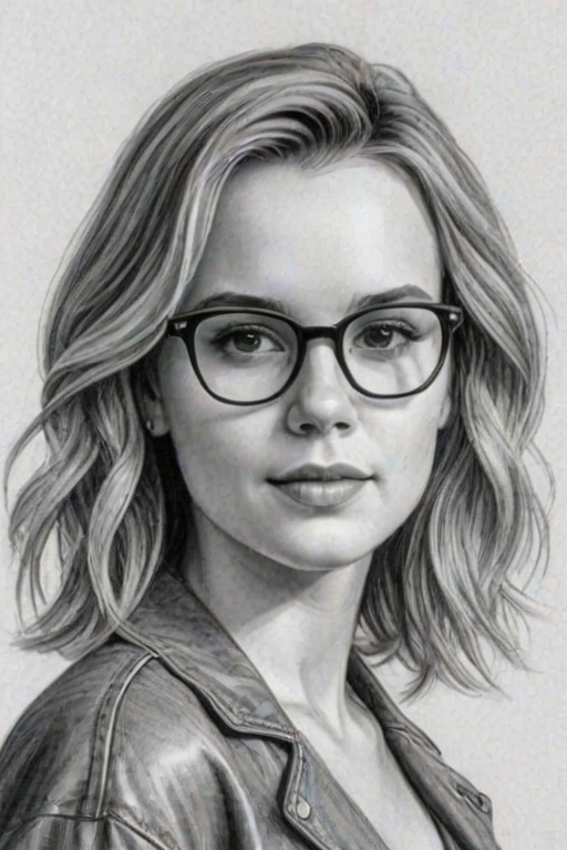 Lovely Bridgit Mendler, pencil sketch, portrait of Magnificent woman 1963s in glasses, hair style beatnik, outline, clear lines, fine lines, 8k