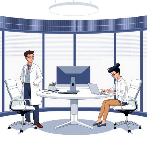 create a digital illustration of three professionals in a modern office setting with a round table and technology, featuring one person standing with glasses and a lab coat, one older person sitting with a computer, and a younger person using a laptop, use a bright color palette, focus on clean lines and minimalistic design, ensure good lighting and balance, camera type: DSLR, camera style: flat lay, camera view: wide-angle, settings: f/8 aperture, 1/100 sec shutter speed, ISO 200