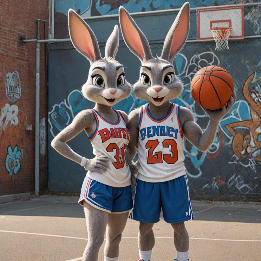 Design an Above the Rim poster featuring Bugs Bunny as Kyle and Lola Bunny as Shep. Bugs is dressed in a basketball jersey and shorts, holding a basketball with a confident expression, while Lola stands beside him in athletic gear, looking determined. The background features an urban basketball court with a wire fence, streetlights, and graffiti. The title "Above the Rim" appears in bold red letters at the top, keeping the original street basketball vibe