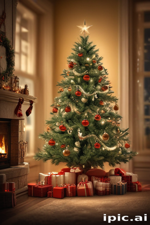 Cozy Christmas Scene Featuring a Beautifully Decorated Tree and Gifts