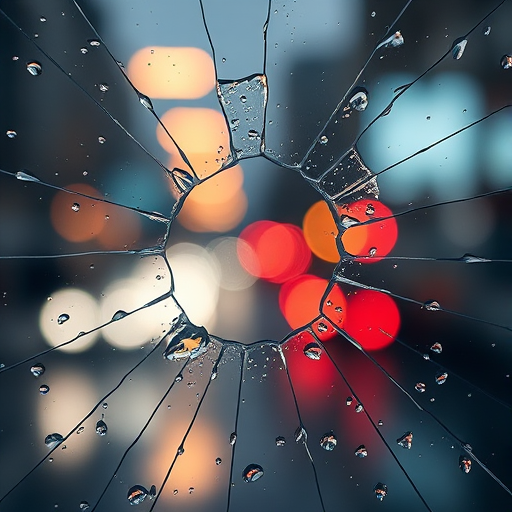 A close-up shot of a shattered glass surface with water droplets, use a macro lens, aperture f/2.8, shutter speed 1/100 sec, ISO 200, natural light, taken with a DSLR camera, focus on the center hole with blurred city lights in the background.