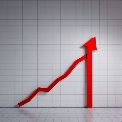 Create an illustration of a growth chart with a red upward arrow on a grid background, using a Canon EOS 5D Mark IV camera with a 50mm lens at f/1.8, ISO 100, and a softbox lighting setup to enhance image quality.
