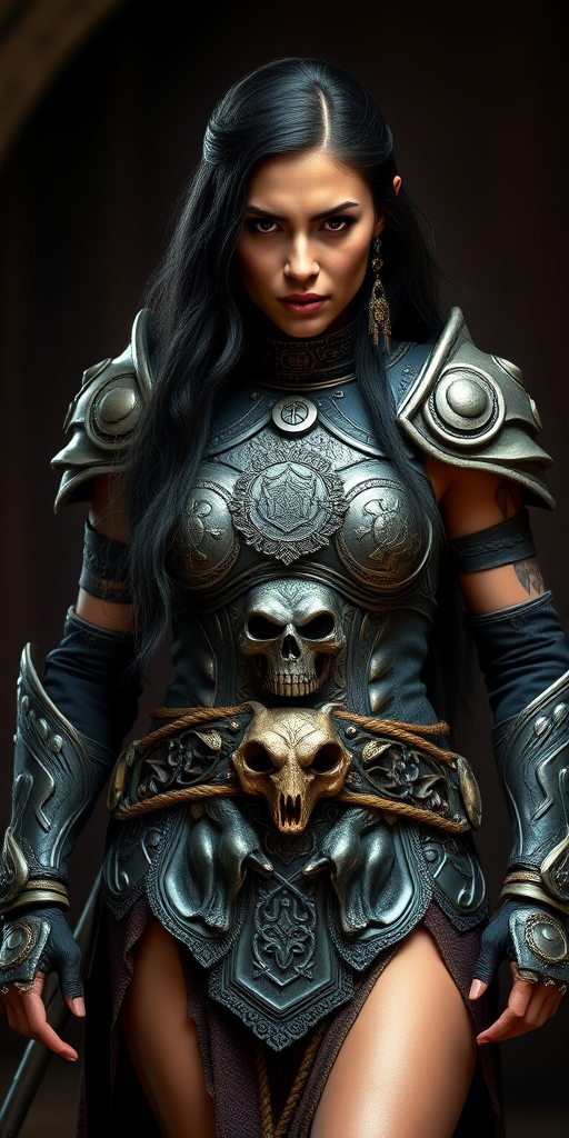 Create a photo of a fierce Native American female warrior with long black hair, wearing an ornate, metallic armor. The armor includes a breastplate with intricate designs, shoulder guards, and gauntlets. The breastplate is decorated with a central emblem, possibly representing a mythical symbol, and has a sculpted, form-fitting design. She wears a belt with a large skull ornament at the center, and her armor extends into a partial skirt, revealing one leg. The overall look is both protective and stylish, with a dark, gothic aesthetic. The background is dimly lit, suggesting a medieval or fantasy setting, enhancing the warrior's imposing presence and intense expression.