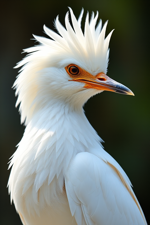 Create a highly detailed illustration of a white bird with elongated feathers and a sharp beak, side view, using a DSLR camera at f/8, with a 50mm lens, soft natural lighting, and a shallow depth of field to enhance clarity and vibrancy.