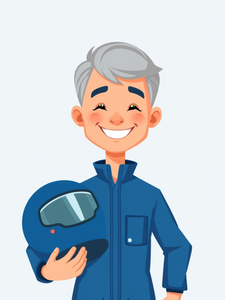 Create a vector illustration of a smiling person with short gray hair wearing a blue jumpsuit and holding a blue helmet, use a clean design style, and ensure vibrant colors, camera settings: f/4, ISO 100, 1/125s, camera view: front view, camera style: flat design, camera type: digital illustration.