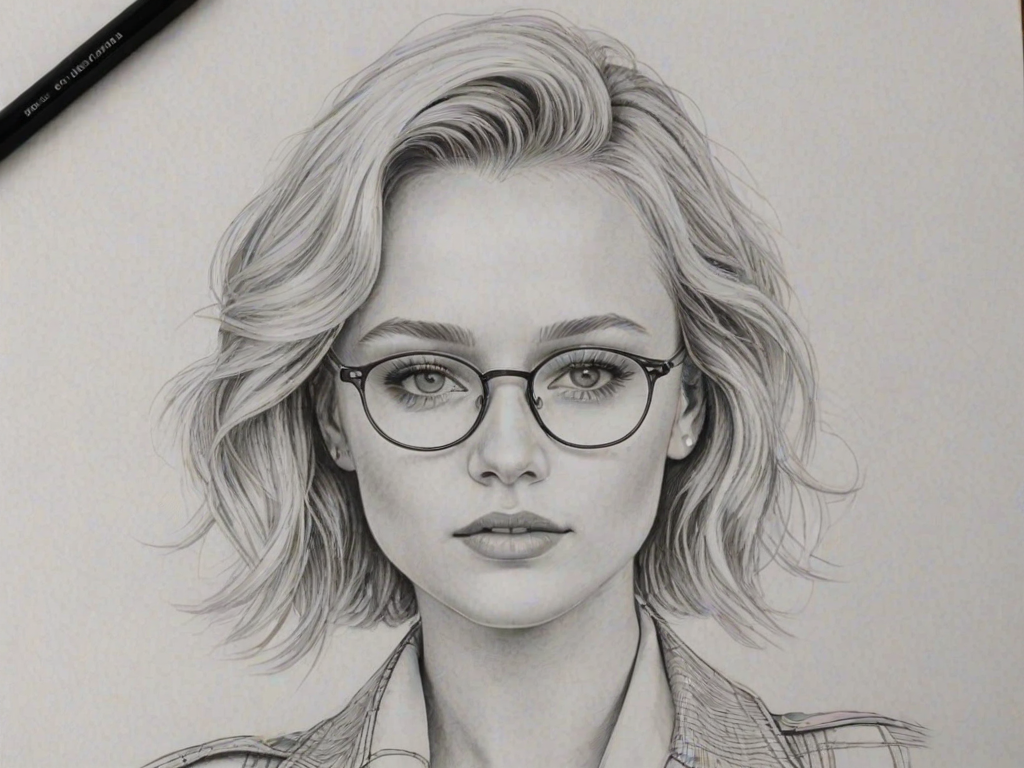 Radiant Zara Larsson, pencil sketch, portrait of Fascinating woman 1929s in glasses, hair style beatnik, outline, clear lines, fine lines, 8k