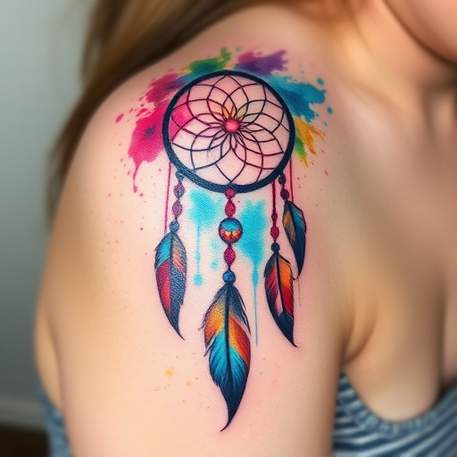 Abstract watercolor tattoo of a dreamcatcher on the shoulder, with splashes of vibrant colors blending seamlessly into feathers and beads