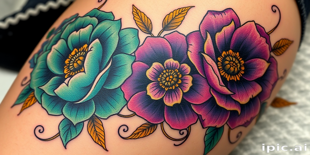 Neo-traditional tattoo named "Floral Reverie" featuring bold, stylized flowers in rich jewel tones of emerald, sapphire, and amethyst, accented with golden leaves and swirling vines, combining thick outlines with smooth color gradients for a striking visual impact, suitable for thigh or shoulder placement