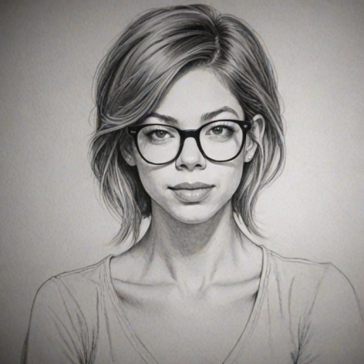 Beauteous Analeigh Tipton, pencil sketch, portrait of Fascinating woman 1977s in glasses, hair style beatnik, outline, clear lines, fine lines, 8k