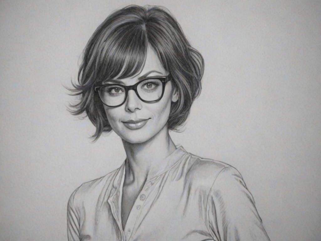 Ravishing Catherine Bell, pencil sketch, portrait of Stunning woman 1968s in glasses, hair style beatnik, outline, clear lines, fine lines, 8k