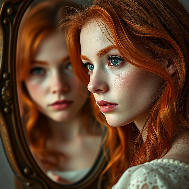 portrait of a young woman with red hair and freckles, looking at her reflection in a vintage mirror, soft natural lighting, shallow depth of field, DSLR camera, 50mm f/1.8 lens, ISO 200, aperture f/2.8, shutter speed 1/125 sec, warm color tones