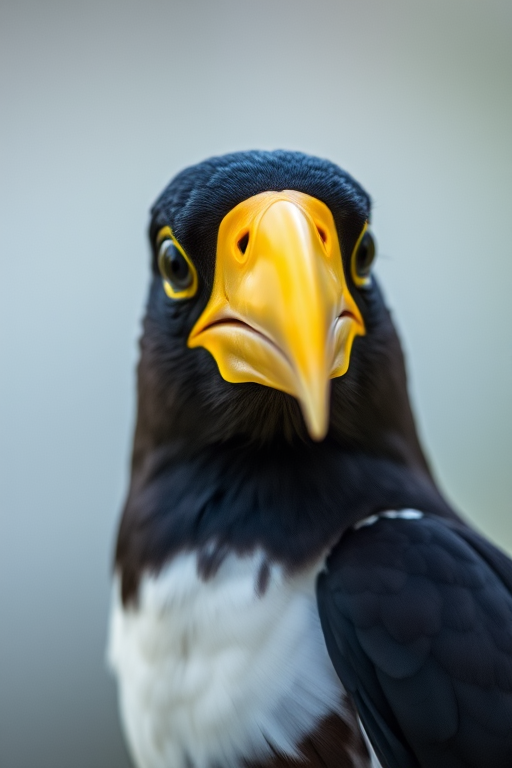 portrait of a bird with a striking yellow beak and black and white feathers, shallow depth of field, natural light, 85mm lens, f/1.8 aperture, ISO 200, captured from eye level with a DSLR camera