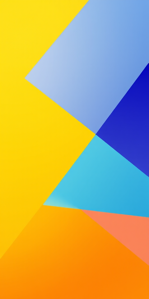 Create a vibrant geometric background with a gradient of yellow, orange, and blue colors, emphasizing a three-dimensional effect using a DSLR camera with a 50mm lens, aperture f/2.8, ISO 100, and soft focus, captured from a slightly elevated angle to enhance depth and texture.