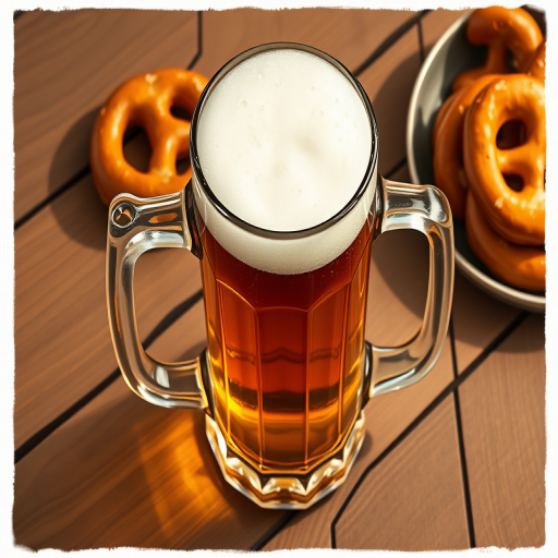 Create a detailed illustration of a frothy beer mug with condensation, placed on a wooden table next to a plate of pretzels, shot with a DSLR camera at f/2.8 aperture, ISO 100, 50mm lens, natural lighting, top-down view, high-resolution to capture textures.