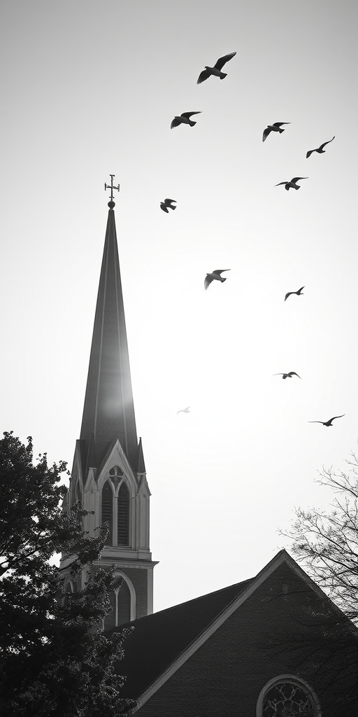 Capture a high-resolution black and white image of a church steeple against a bright sky with birds in flight, using a Canon EOS R5 at f/8, ISO 200, 1/2000 sec, shot from a high vantage point with a wide-angle lens.