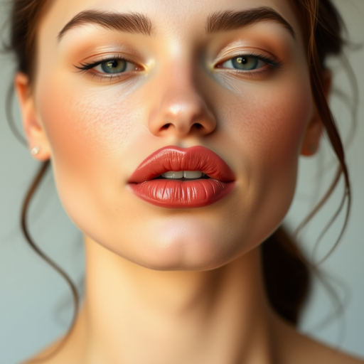Charming woman lips adorned with rosy nude satin finish, full face portrait emphasizing understated elegance and timeless appeal