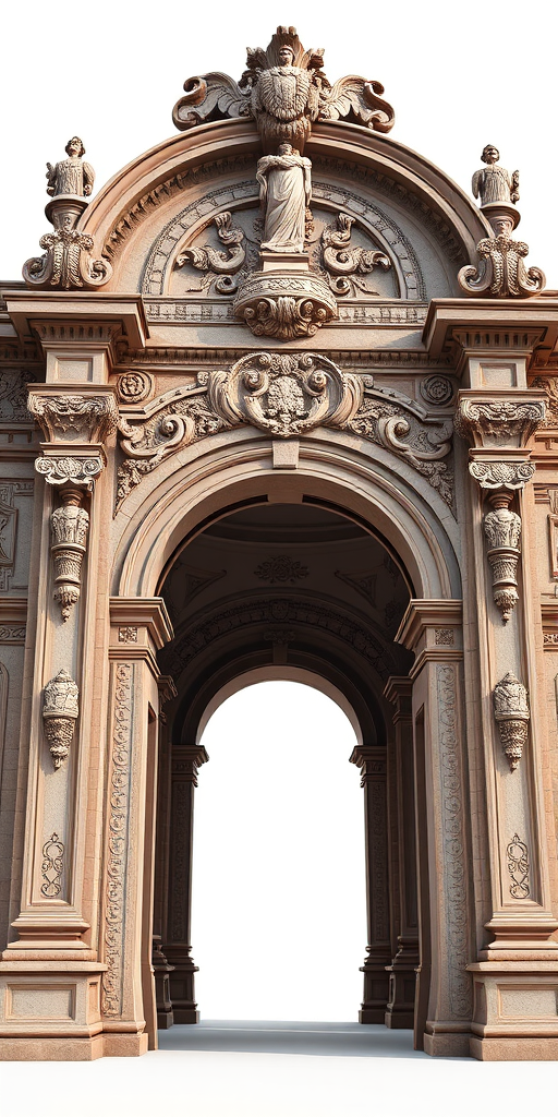 Create a highly detailed 3D render of a classic archway with intricate carvings and sculptures, set against a white background, captured with a Canon EOS 5D Mark IV at f/8, ISO 100, using a 24mm lens, with soft lighting and a slight perspective view to enhance depth.