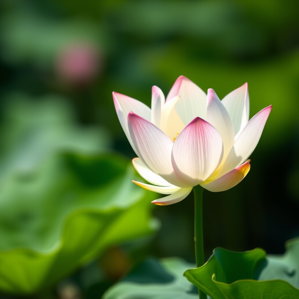 Lotus flower with white petals and green leaves, soft focus background, shot with a Canon EOS R5, 85mm lens, aperture f/2.8, ISO 100, natural light for a high-quality, detailed capture.