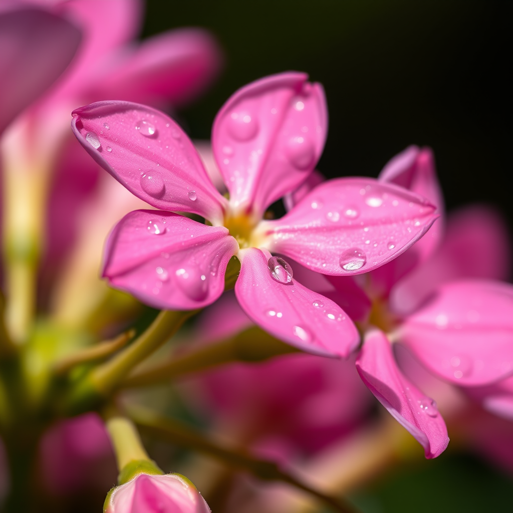 close-up of pink flowers with droplets of water on petals, shallow depth of field, macro lens, f/2.8, 1/250s, ISO 100, soft natural lighting, Canon DSLR