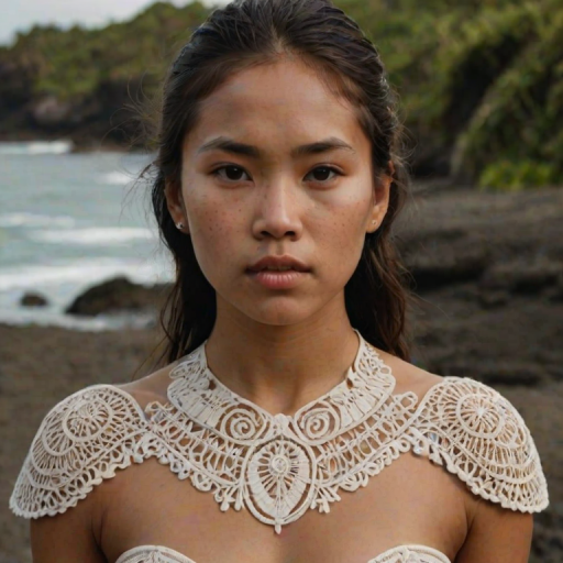 Face, shoulders, chest covered in openwork Pacific Islander embroidery. Raw, unedited image.