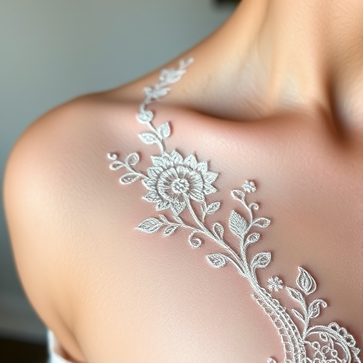 Ethereal white ink tattoo showcasing delicate lace patterns and intricate floral designs, visible as a subtle raised texture on the skin for a elegant and understated look