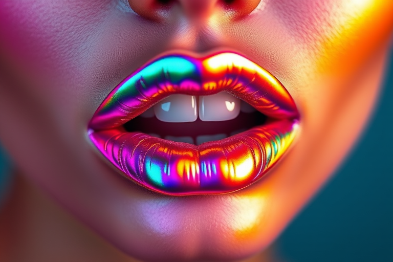 Dazzling holographic lips shift colors with every movement, creating a mesmerizing rainbow effect that captivates viewers and pushes the boundaries of lip artistry